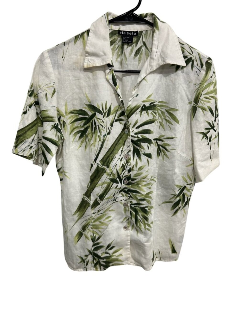Vintage Via Seta Linen Shirt White Green Sz Small Button Up Bamboo Print Beach